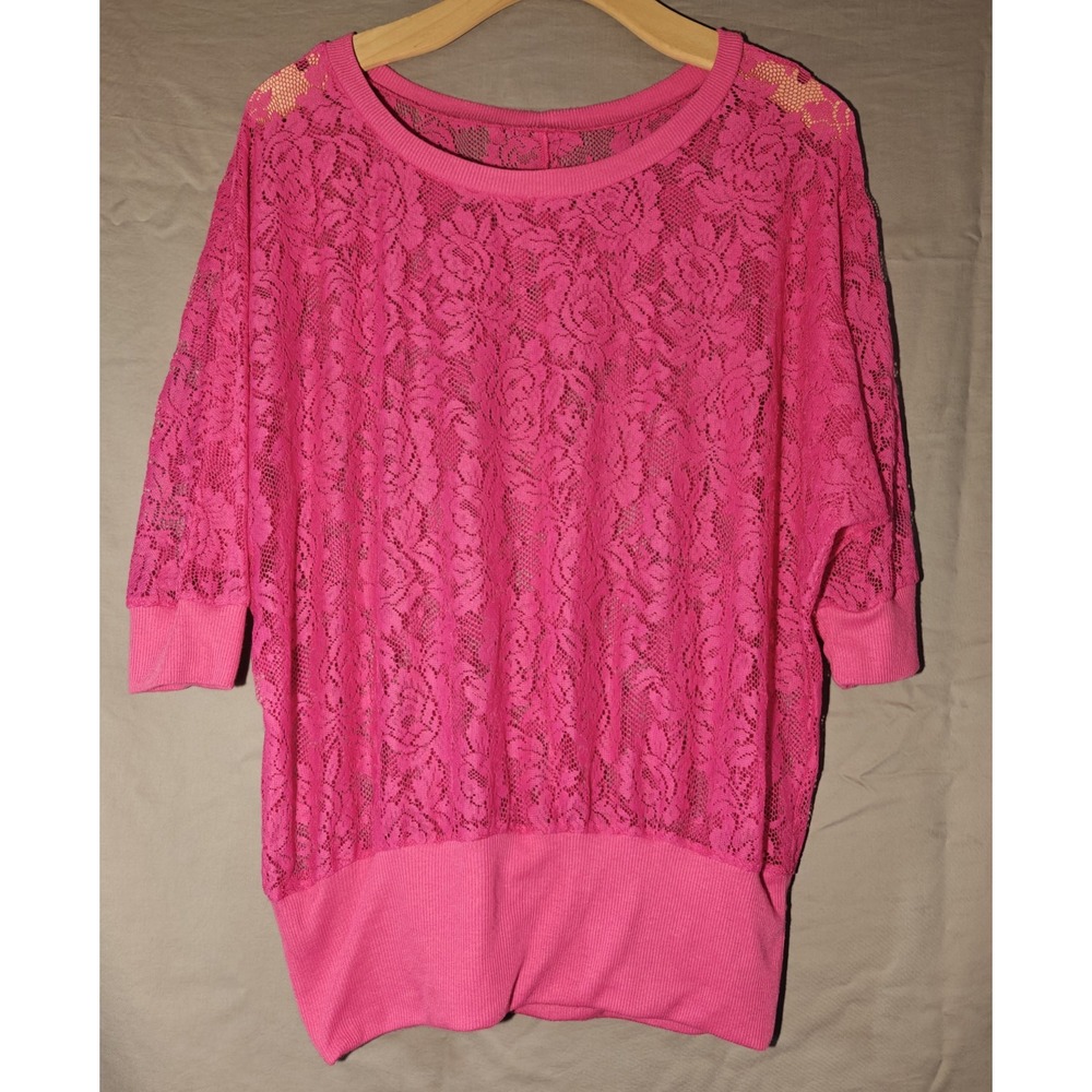 Neon Pink 3/4 Sleeve stretch nylon floral‎ lace blouse M Juniors Size